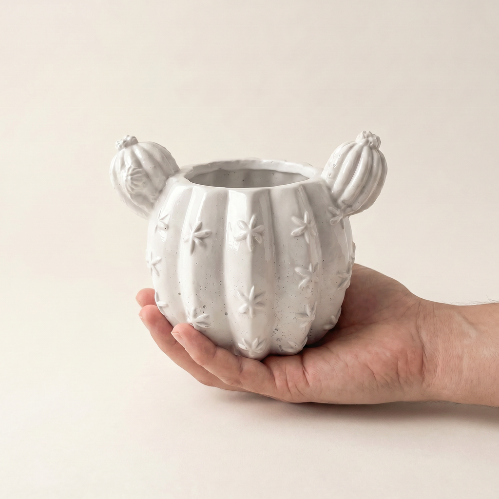 Barrel Cactus Planter, Gypsum White 3.5"