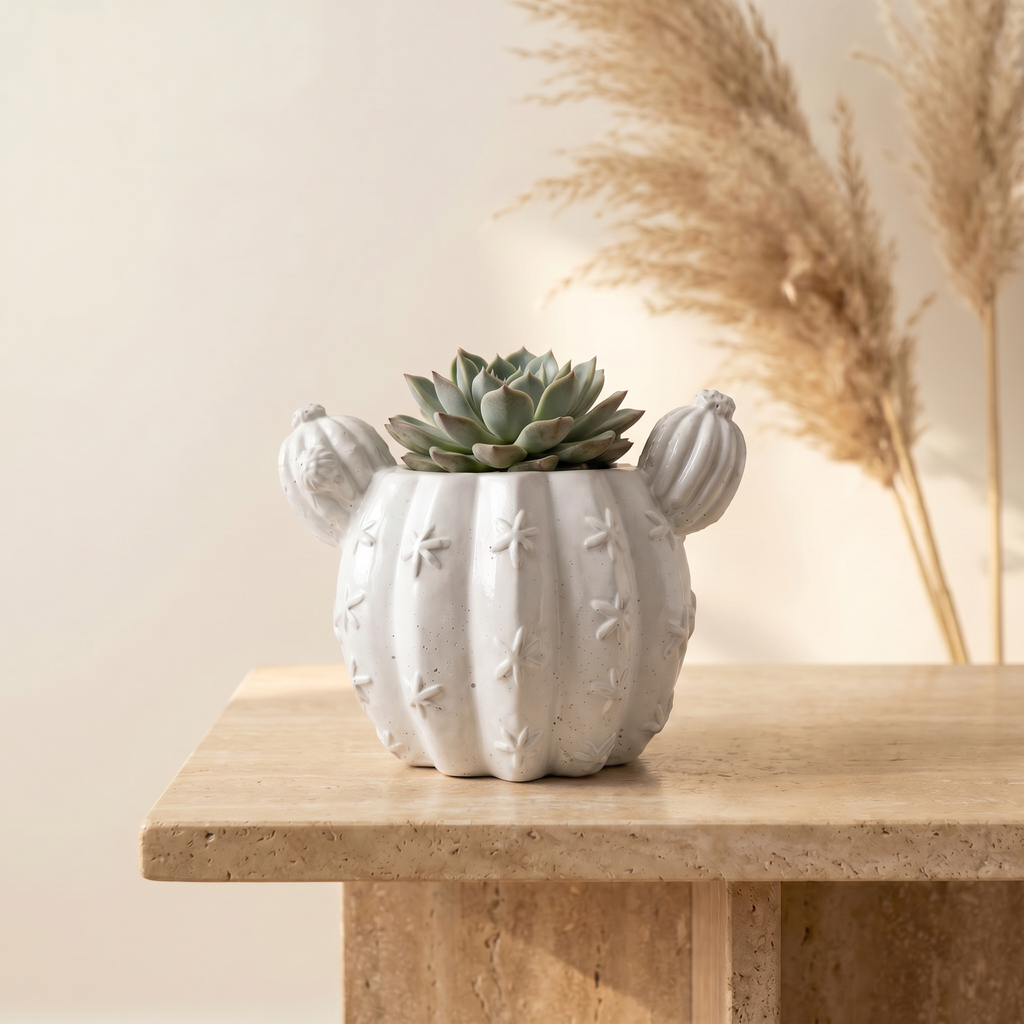 Barrel Cactus Planter, Gypsum White 3.5"